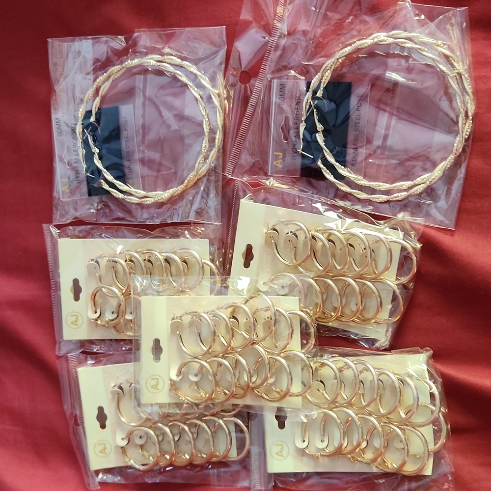 Stainless Steel Post Hoop Earrings - 2 large set, 5 - 6 sets of smaller hoops